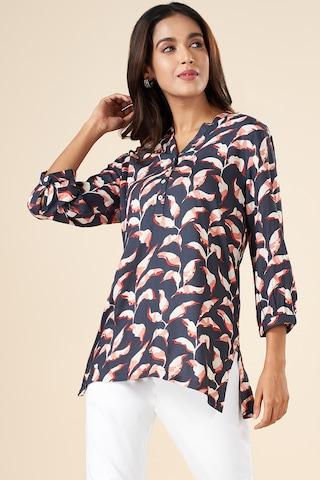 medium-blue-print-casual-3/4th-sleeves-mandarin-women-regular-fit-tunic