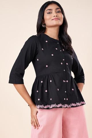 black-embroidered-cotton-round-neck-women-regular-fit-tunics