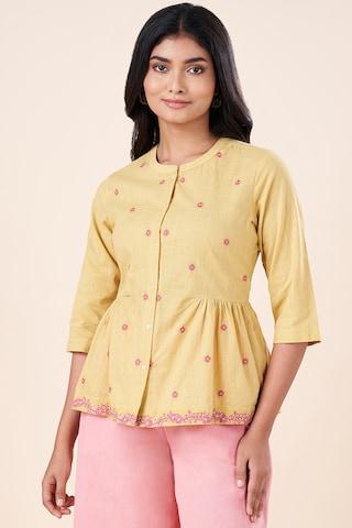 yellow-solid-cotton-round-neck-women-regular-fit-tunics