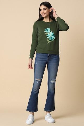 dark-green-embroidered-crew-neck-women-regular-fit-sweatshirts