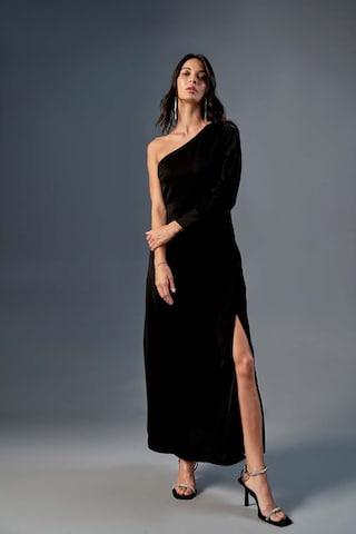 black-solid-viscose-one-shoulder-women-a-line-fit-dresses