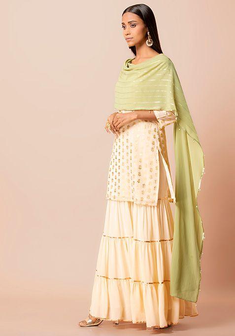 ivory-short-kurti-with-attached-green-foil-striped-dupatta
