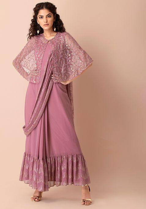 pink-embroidered-cape-pre-stitched-saree-with-attached-blouse