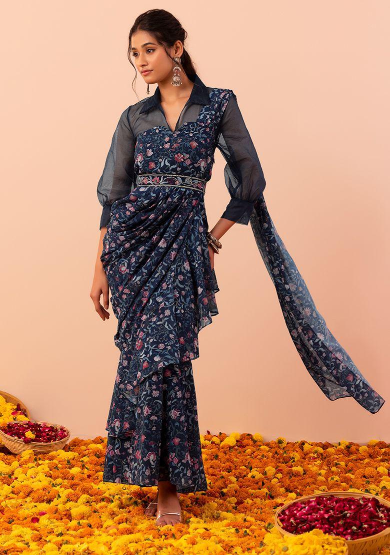 navy-blue-floral-print-pre-stitched-saree-and-belt-(set-of-2)