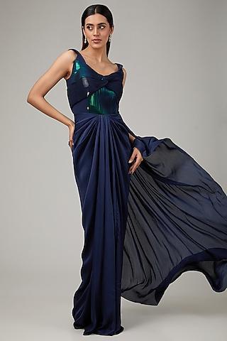 blue-crepe-chiffon-&-metallic-polymer-draped-gown-saree