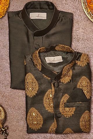 dark-grey-pure-banarasi-embroidered-bundi-jacket-with-kurta-set-for-boys
