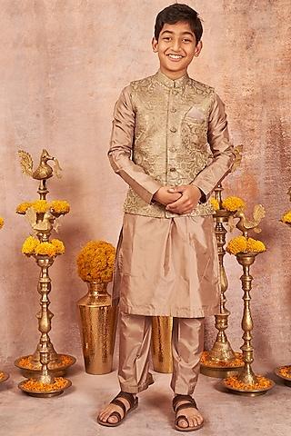 dull-green-pure-banarasi-silk-zari-embroidered-nehru-jacket-set-for-boys