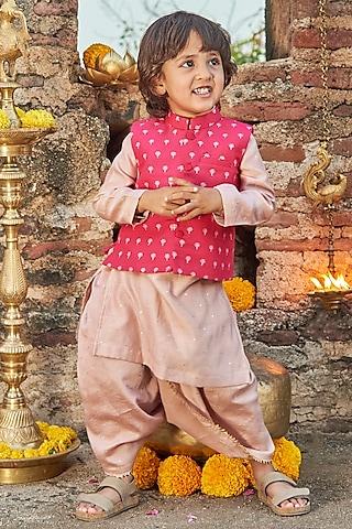 bright-pink-embroidered-bundi-jacket-with-kurta-set-for-boys