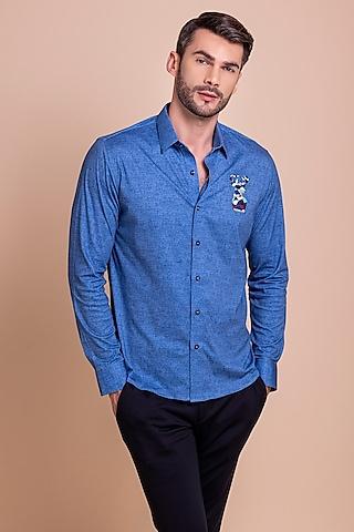 blue-knit-reindeer-motif-embroidered-shirt