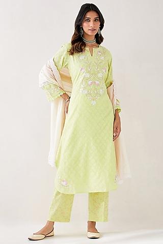 yellow-cotton-jacquard-embroidered-kurta-set