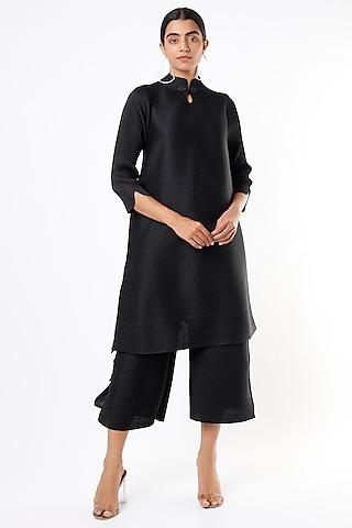 black-pleated-polyester-kurta-set
