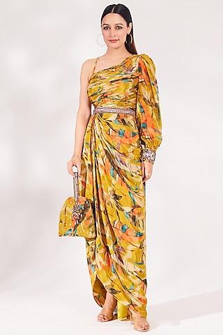 mustard-crepe-cutdana-embroidered-pleated-dress-with-bag