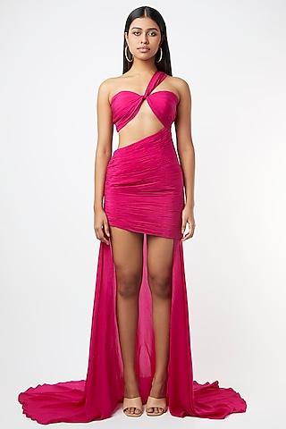 hot-pink-ruched-high-low-dress