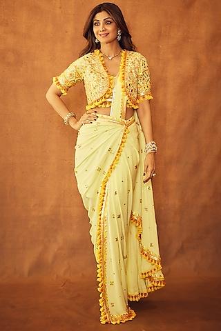 yellow-chiffon-hand-&-machine-embroidered-draped-saree-set