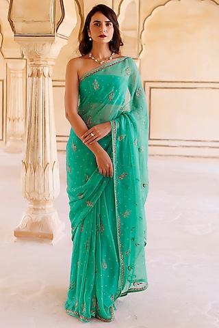 green-chiffon-hand-embroidered-saree-set