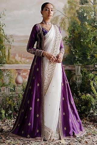 purple-&-off-white-organza-hand-embellished-jacket-saree-set