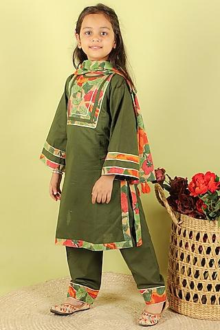 green-cotton-hand-block-printed-kurta-set-for-girls