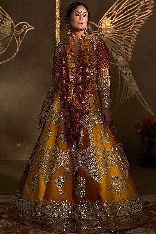 yellow-shaded-raw-silk-motif-&-sitara-embroidered-lehenga-set