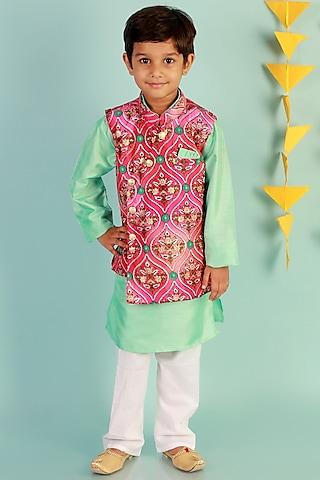 pink-printed-bundi-jacket-with-kurta-set-for-boys