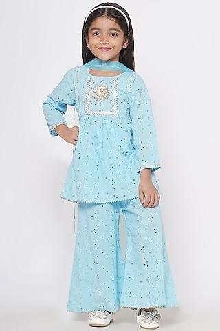 blue-cotton-embroidered-chikankari-kurta-set-for-girls