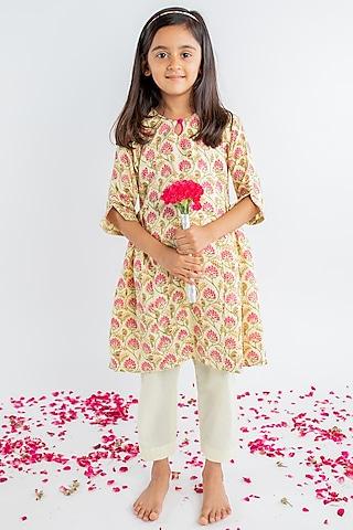 yellow-cotton-rayon-block-printed-kurta-set-for-girls