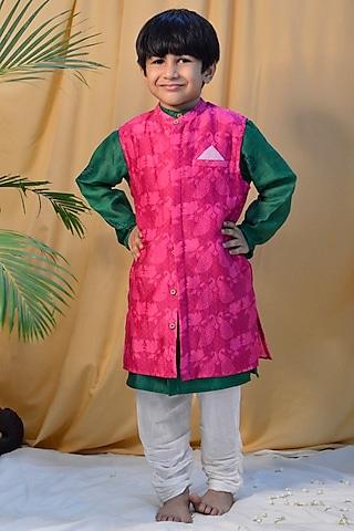 rani-pink-cotton-silk-chanderi-motif-printed-jacket-set-for-boys