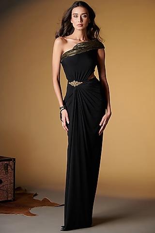 black-faux-leather-embellished-one-shoulder-saree-gown