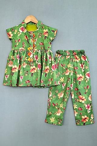 green-cotton-satin-floral-printed-kurta-set-for-girls