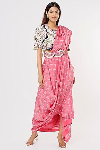 old-rose-crepe-bandhani-printed-pre-draped-cowl-saree-set