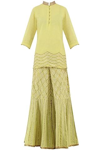 lime-yellow-gota-patti-embroidered-tunic-with-sharara-pants
