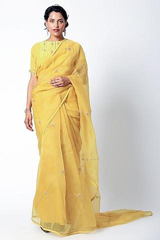 yellow-organza-zardosi-&-motif-embroidered-saree-set
