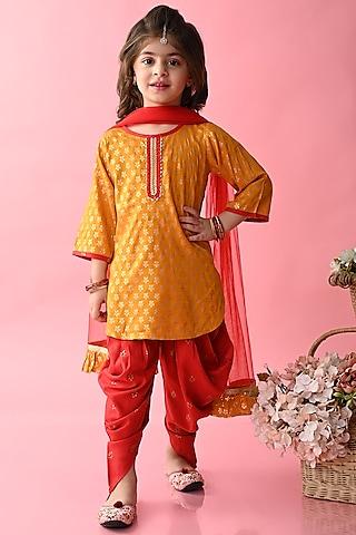 mustard-rayon-printed-&-embroidered-kurta-set-for-girls
