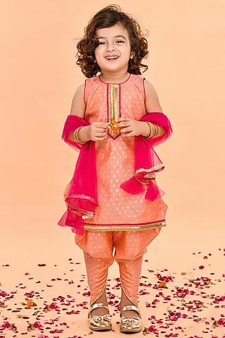 peach-poly-chanderi-printed-kurta-set-for-girls