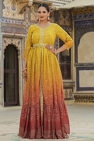 yellow-chinon-silk-bandhani-printed-&-mirror-work-gathered-gown