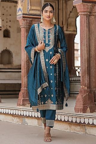 teal-dola-silk-jacquard-sequins-embellished-kurta-set