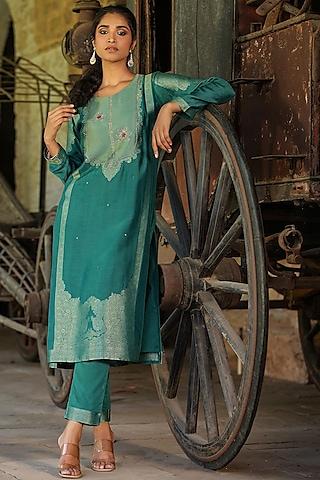 teal-dola-silk-jacquard-sequins-embellished-kurta-set
