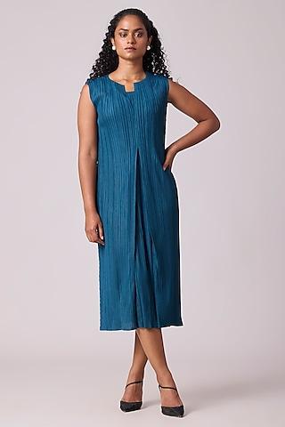 teal-blue-polyester-box-pleated-midi-dress