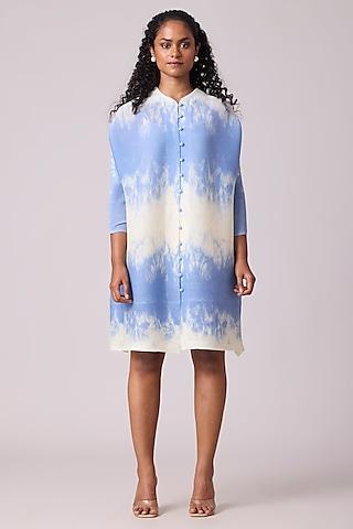 blue-&-off-white-polyester-marble-printed-dress