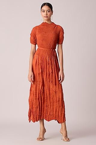 rust-orange-polyester-midi-dress-with-belt