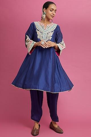 blue-silk-chanderi-embroidered-choga-kurta-set-for-girls