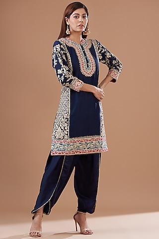 blue-pure-silk-chanderi-embroidered-kurta-set-for-girls