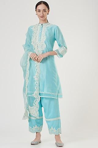 blue-silk-chanderi-embroidered-kurta-set-for-girls