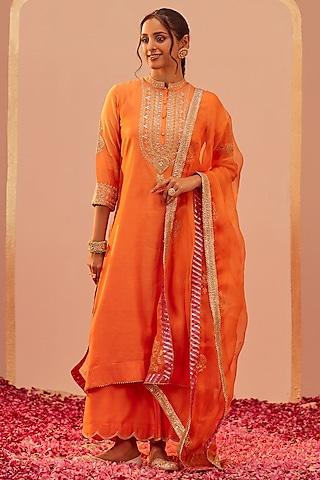 tangerine-orange-silk-chanderi-embroidered-kurta-set-for-girls