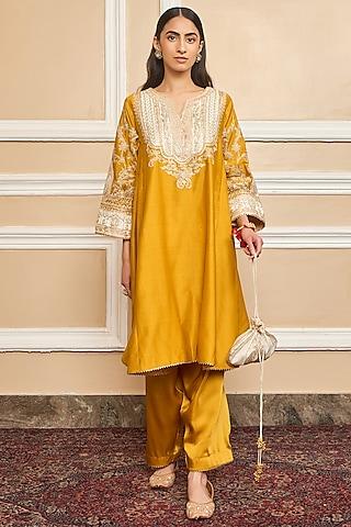 glaze-mustard-silk-chanderi-embroidered-kurta-set-for-girls