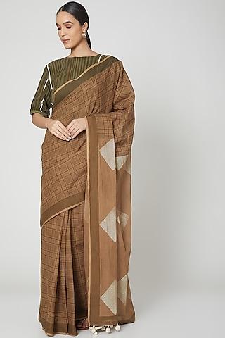 brown-cotton-geometric-hand-block-printed-saree-set