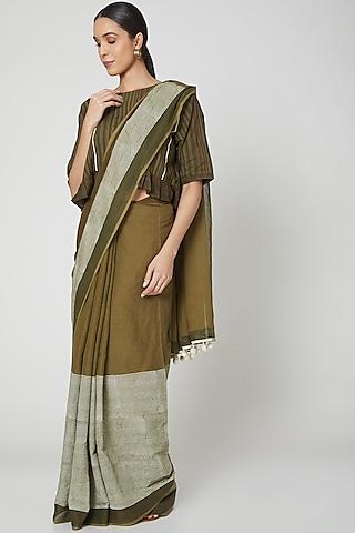 olive-green-cotton-geometric-handblock-printed-saree-set