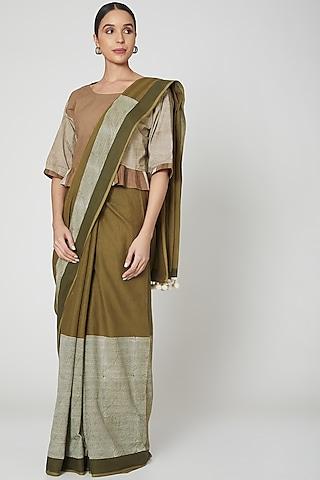 olive-green-&-brown-cotton-geometric-handblock-printed-saree-set