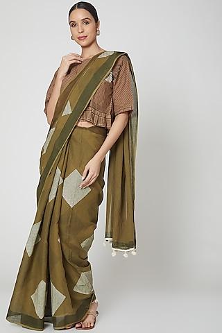 olive-green-&-brown-cotton-geometric-handblock-printed-saree-set