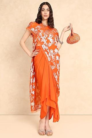 orange-georgette-self-embroidered-high-low-wrap-tunic