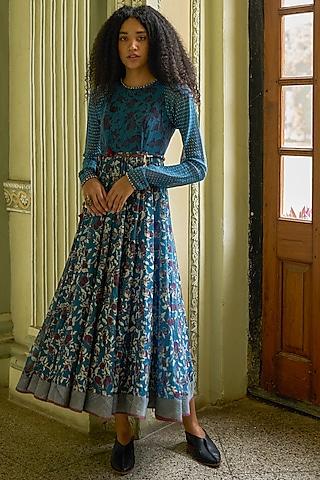 indigo-blue-handwoven-chanderi-printed-dress